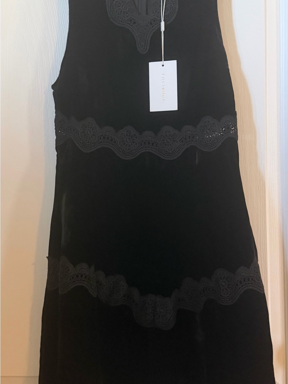NWT Foxiedox Crushed Velvet Crochet Lace Trim Blk Mini Dress Size S. MSRP $155
